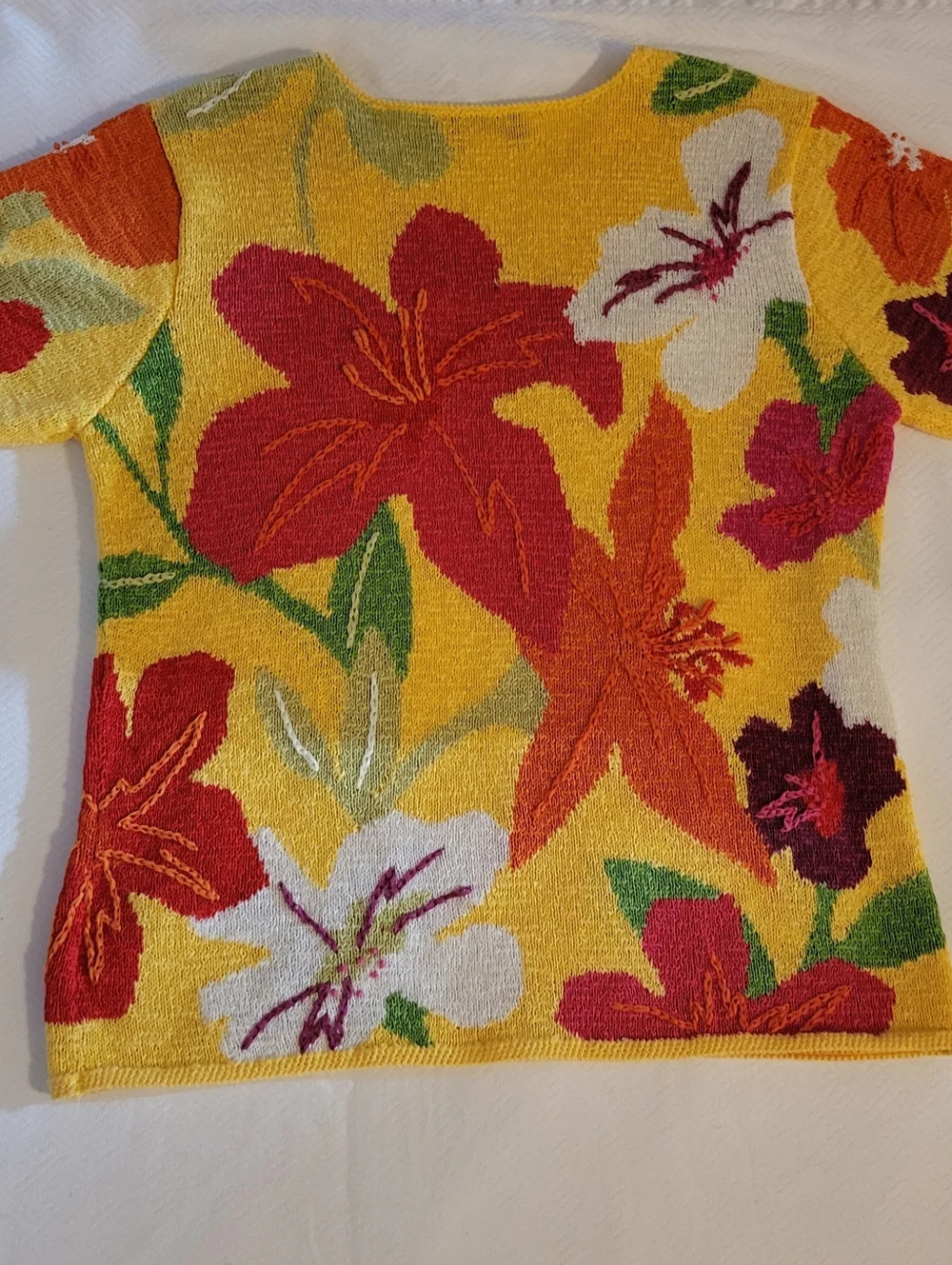 Susan Bristol Yellow Floral Short-Sleeve Crewneck Sweater